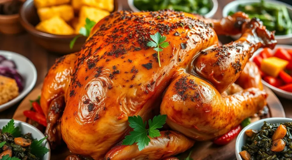 Whole roasted Cajun turkey with crispy golden skin and flavorful seasoning.