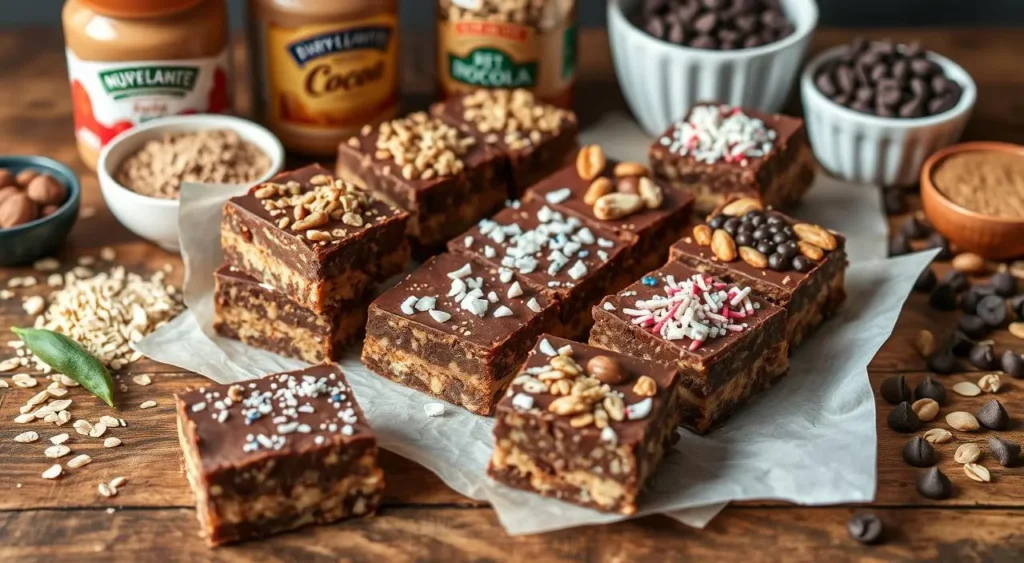 Easy no-bake chocolate peanut butter bars cut into squares and served on parchment paper.