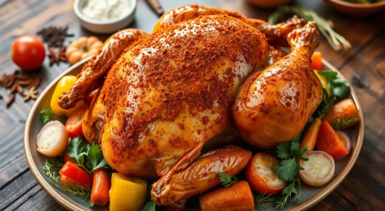 Juicy Cajun-spiced turkey served with roasted vegetables on a festive platter.