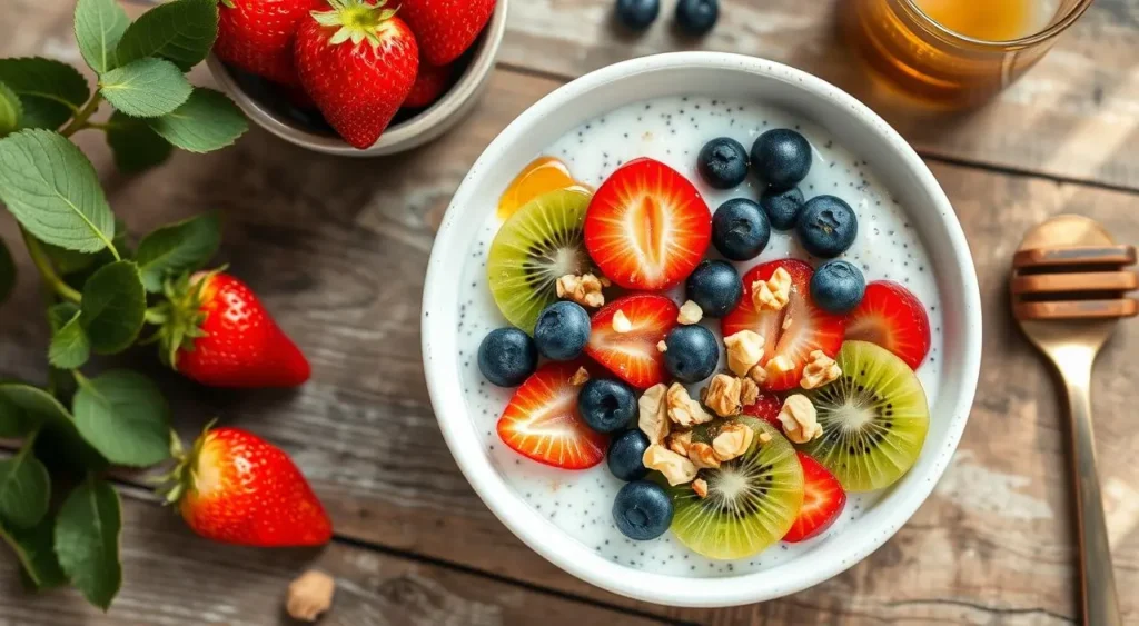 Healthy chia seed pudding made with kefir, garnished with nuts and sliced fruit on a wooden table.