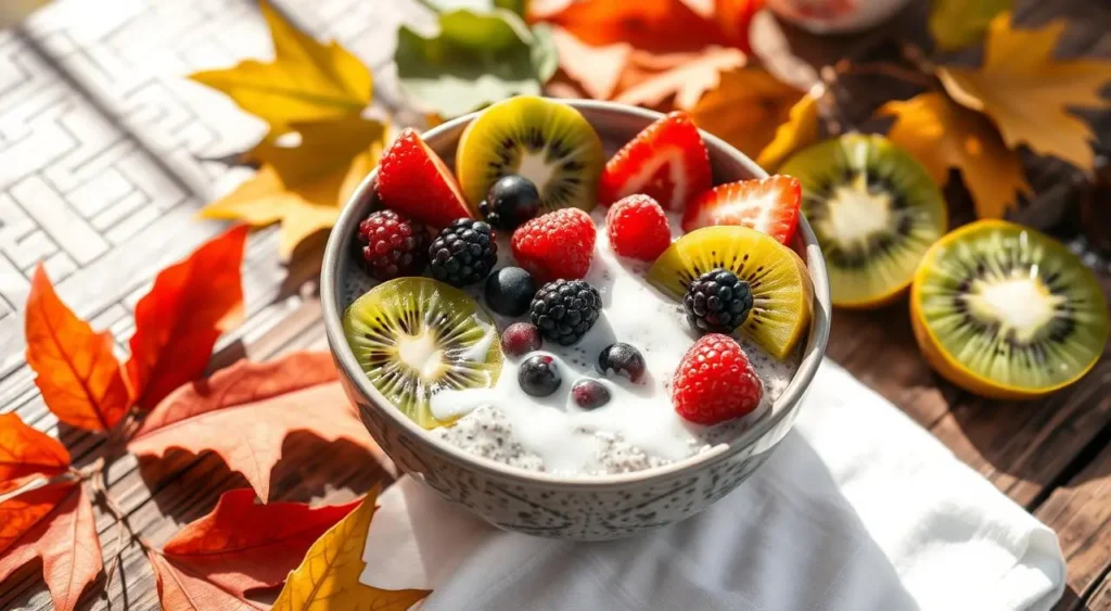 Delicious kefir chia pudding layered with granola and colorful fresh fruit in a clear bowl.