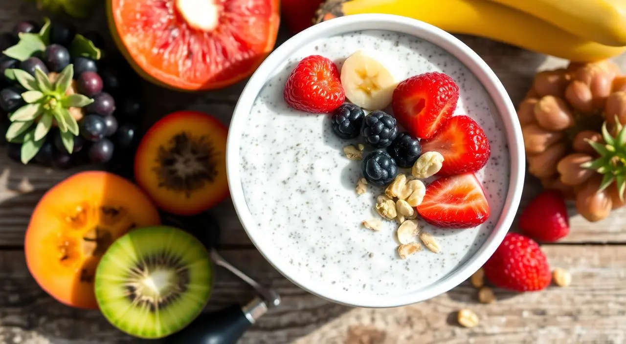 Creamy kefir chia seed pudding topped with fresh berries and a drizzle of honey in a glass jar.