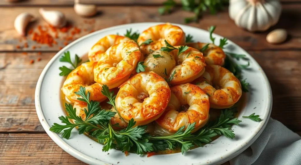 Creamy garlic shrimp gratin topped with melted cheese and fresh parsley.