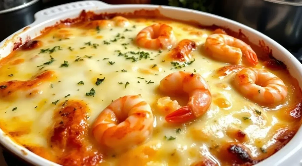 Close-up of garlic shrimp gratin with bubbling cream sauce and crispy topping.