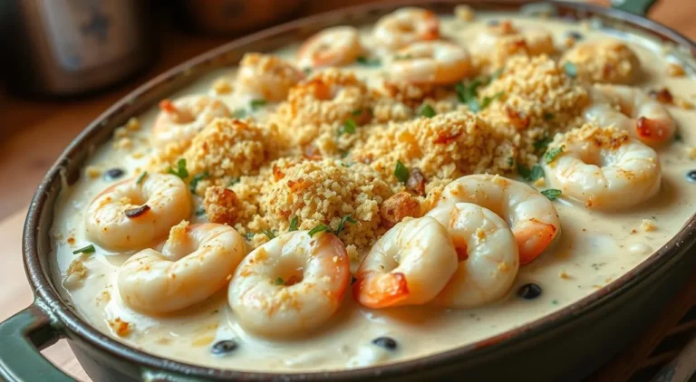 Baked garlic shrimp gratin with a golden breadcrumb crust served in a white dish.