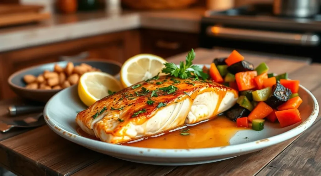 Close-up of perfectly seared honey-garlic salmon with a shiny glaze and a side of steamed vegetables.