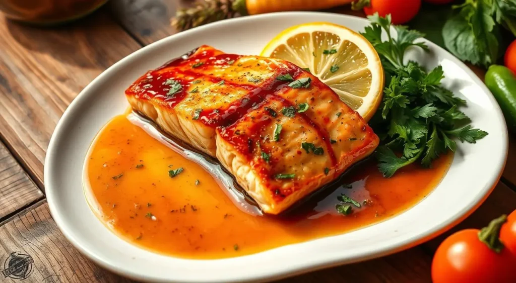 Homemade honey-garlic glazed salmon served on a rustic table with rice and asparagus.