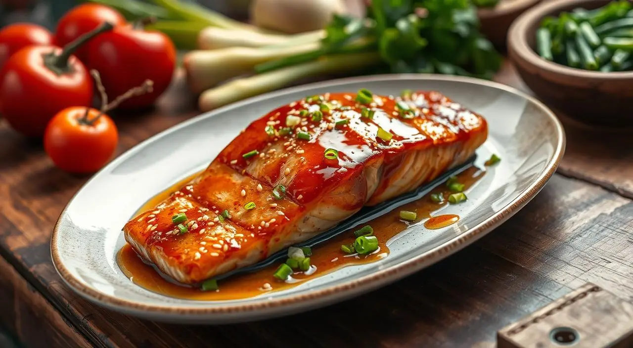 Honey-garlic glazed salmon fillet garnished with fresh parsley and lemon slices on a white plate.