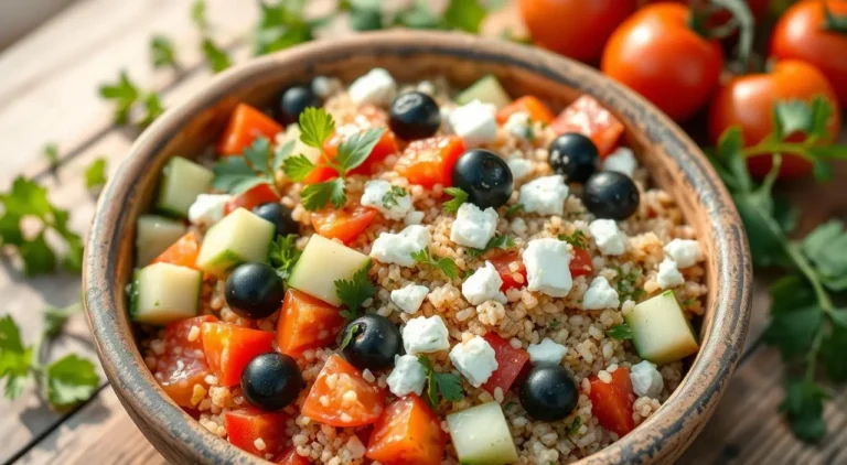 Mediterranean quinoa salad with cherry tomatoes, cucumbers, olives, and fresh herbs in a white bowl.