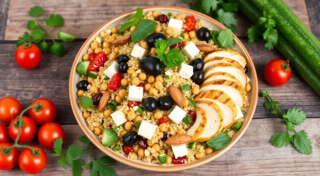 Healthy quinoa salad featuring Mediterranean ingredients served on a rustic wooden table.