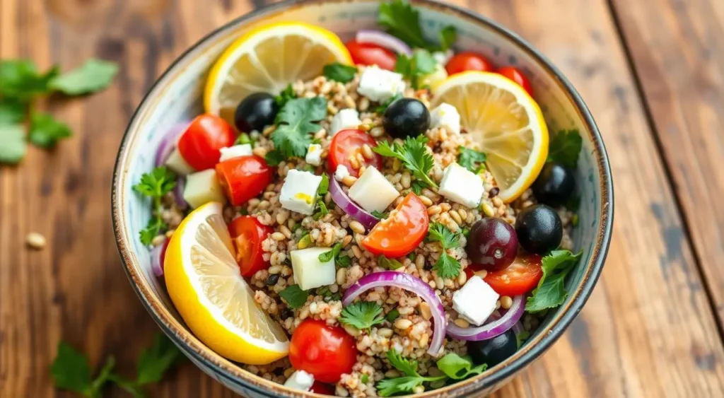 Close-up of a vibrant Mediterranean-inspired quinoa salad topped with feta and a drizzle of olive oil.