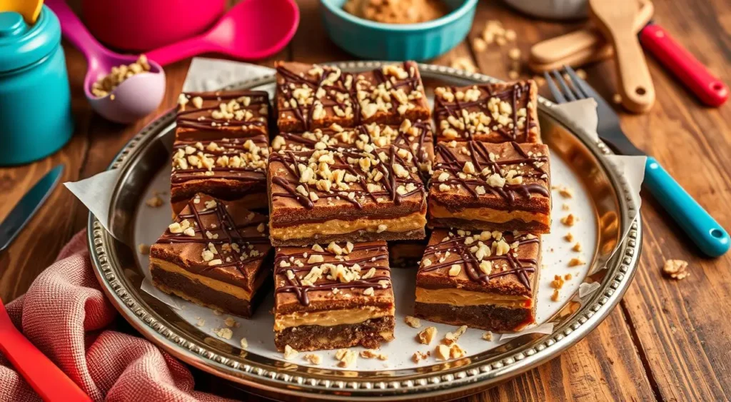 Delicious no-bake dessert bars made with chocolate and peanut butter, perfect for a quick treat.