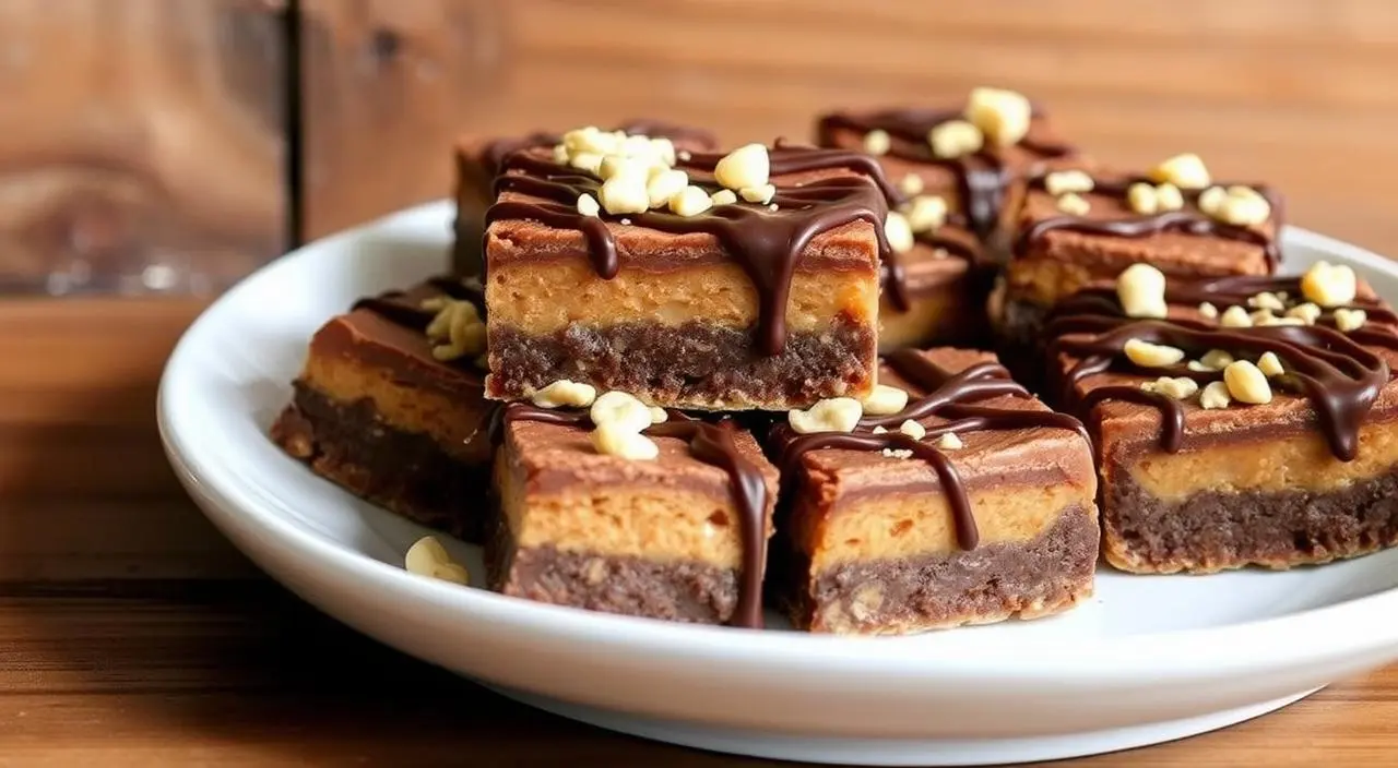 No-bake chocolate peanut butter bars layered with smooth chocolate and creamy peanut butter on a wooden platter.