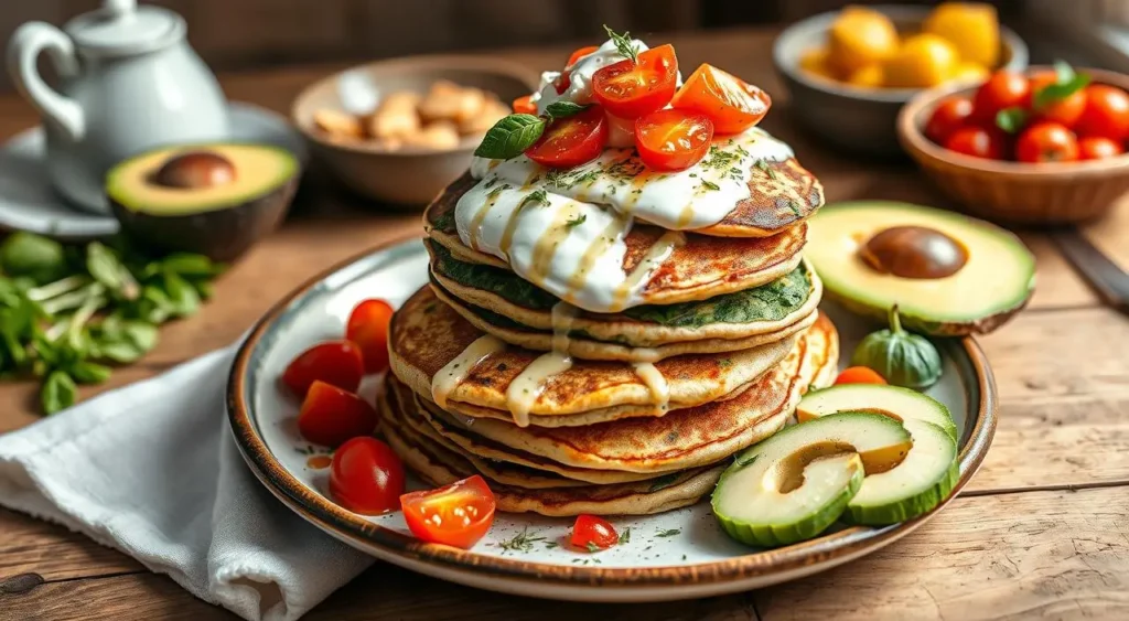 Healthy spinach and feta pancakes on a rustic wooden table, perfect for a flavorful breakfast.