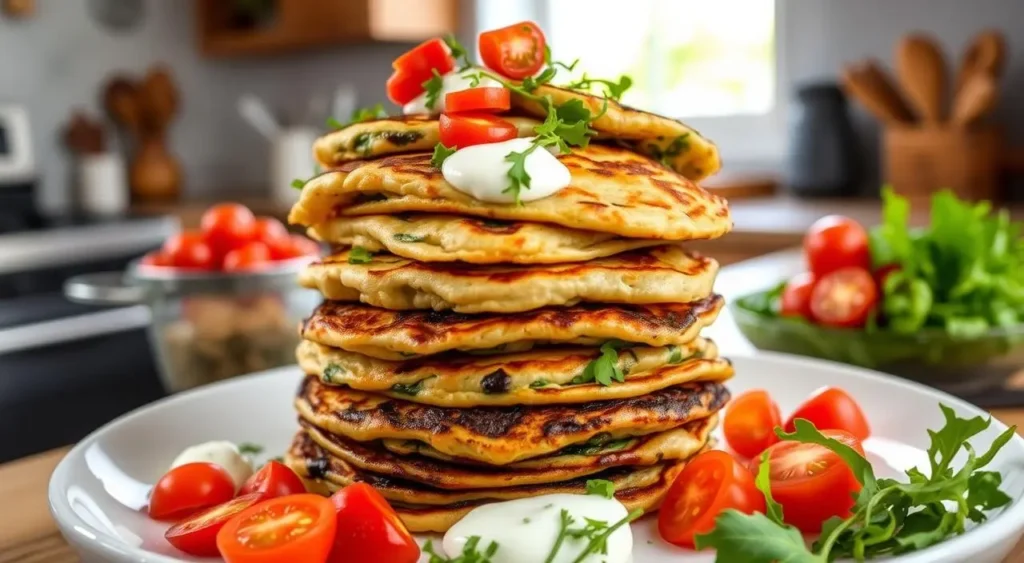 Close-up of golden spinach and feta pancakes stacked with crumbled feta and a garnish of parsley.