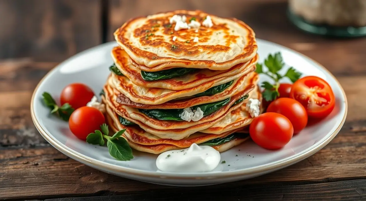 Savory spinach and feta pancakes served with a dollop of yogurt and fresh herbs on a white plate.