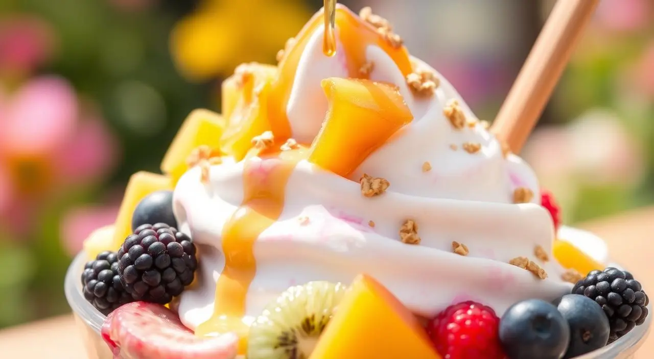 Colorful frozen yogurt treats topped with fresh berries and mint leaves on a wooden table.