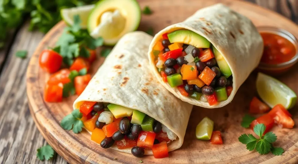 Delicious plant-based breakfast burrito cut in half, revealing a colorful and hearty filling.