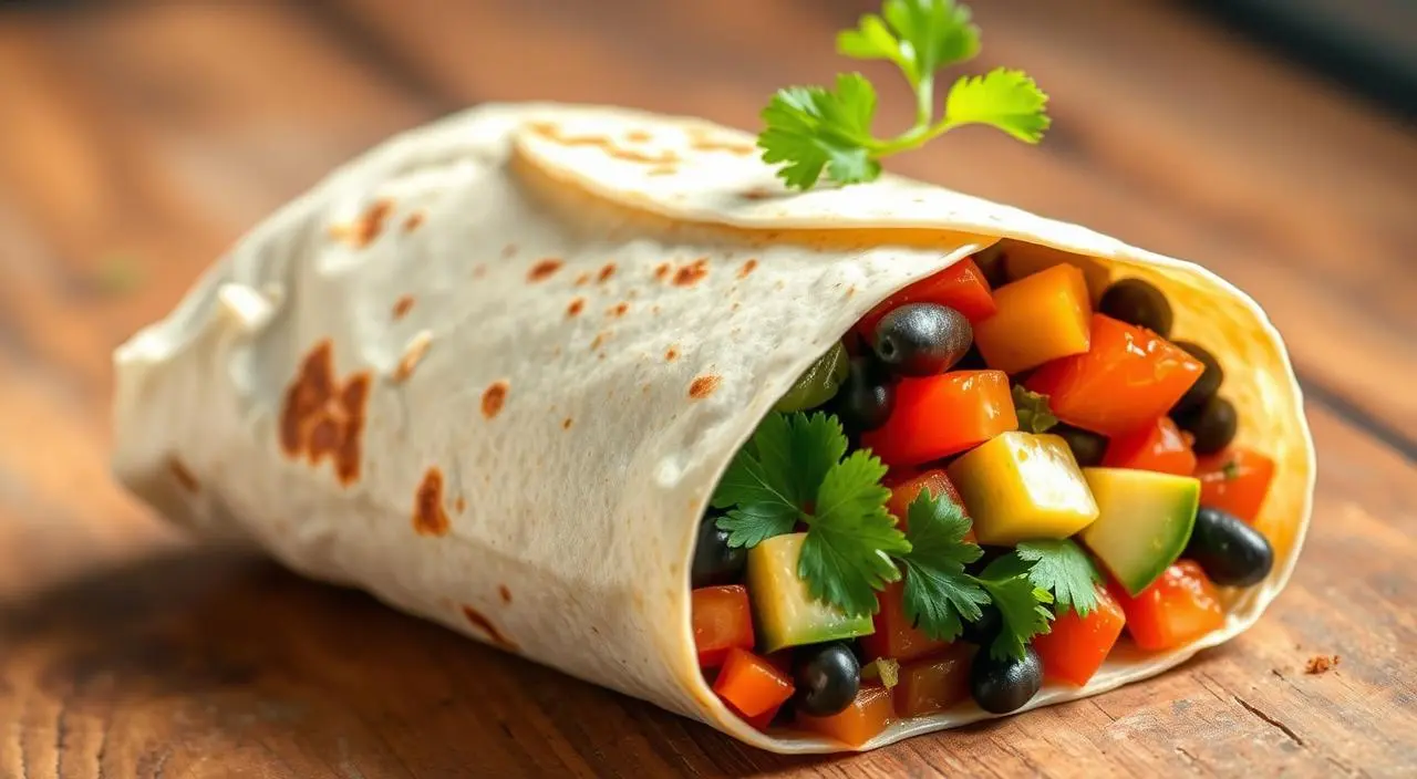 Vegan breakfast burrito filled with scrambled tofu, avocado, and fresh veggies on a wooden plate.