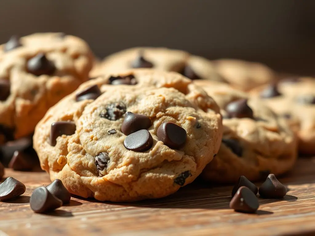 Freshly baked almond flour chocolate chip cookies with a golden-brown crust and gooey chocolate chips.