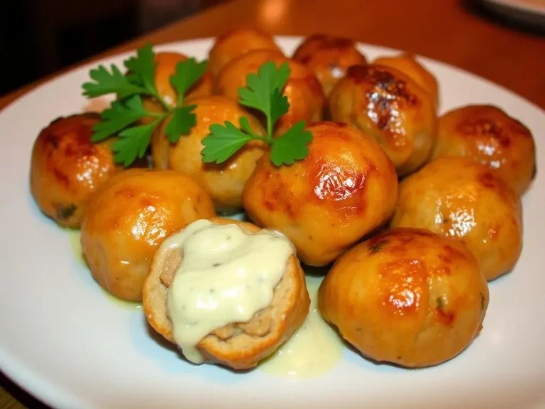 Juicy Amylu chicken meatballs served on a plate with a side of marinara sauce and fresh herbs.