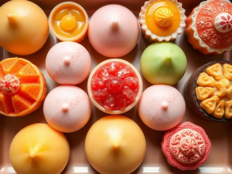 Assorted Asian desserts including mochi, egg tarts, and sesame balls beautifully arranged on a platter.