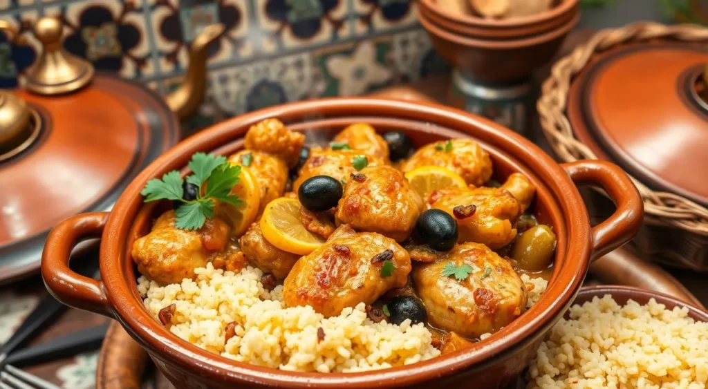 Slow-cooked Moroccan chicken tagine served with couscous and garnished with fresh herbs.