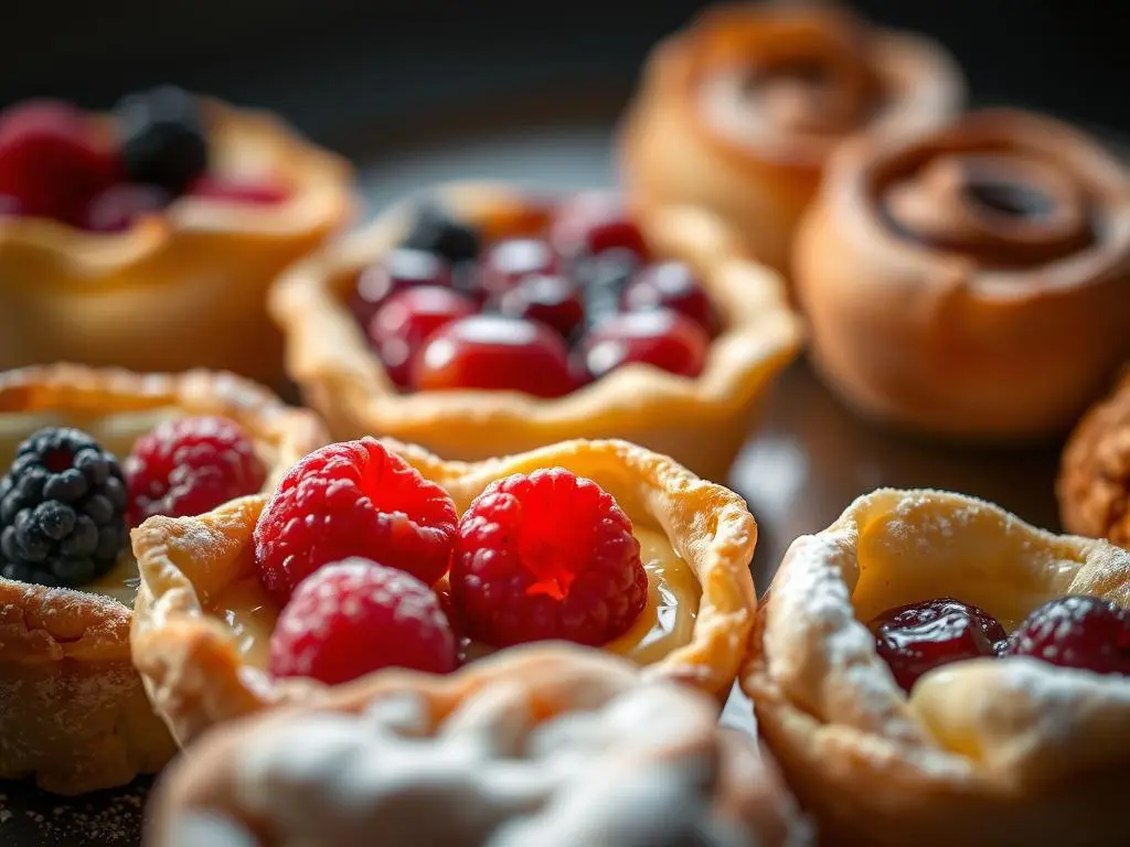 Golden, flaky puff pastry dessert filled with creamy custard and topped with fresh berries.