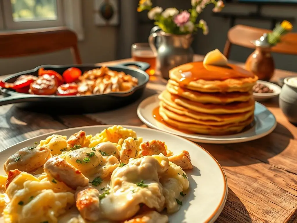 Delicious chicken and egg breakfast scramble with fresh herbs and vegetables on a white plate.