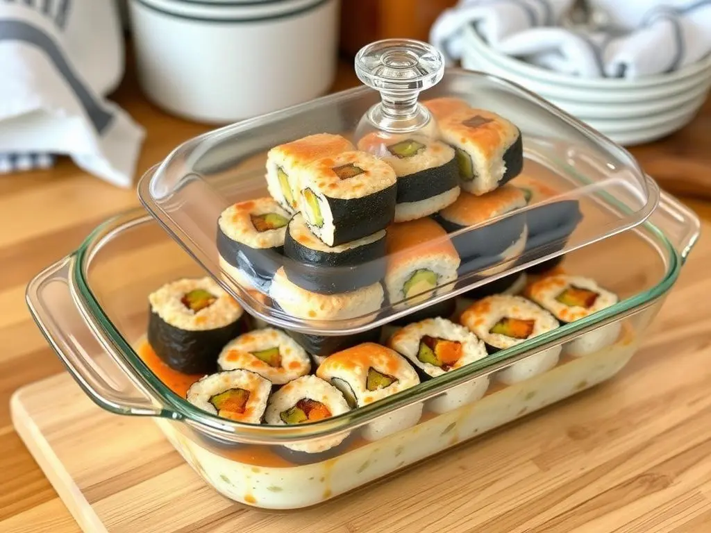 Close-up of layered sushi bake featuring rice, seasoned seafood, and melted cheese, ready to be served.