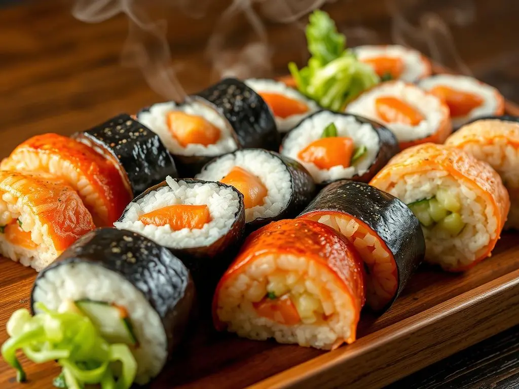 Homemade sushi bake served in a baking dish with a crispy golden top and a side of seaweed sheets.