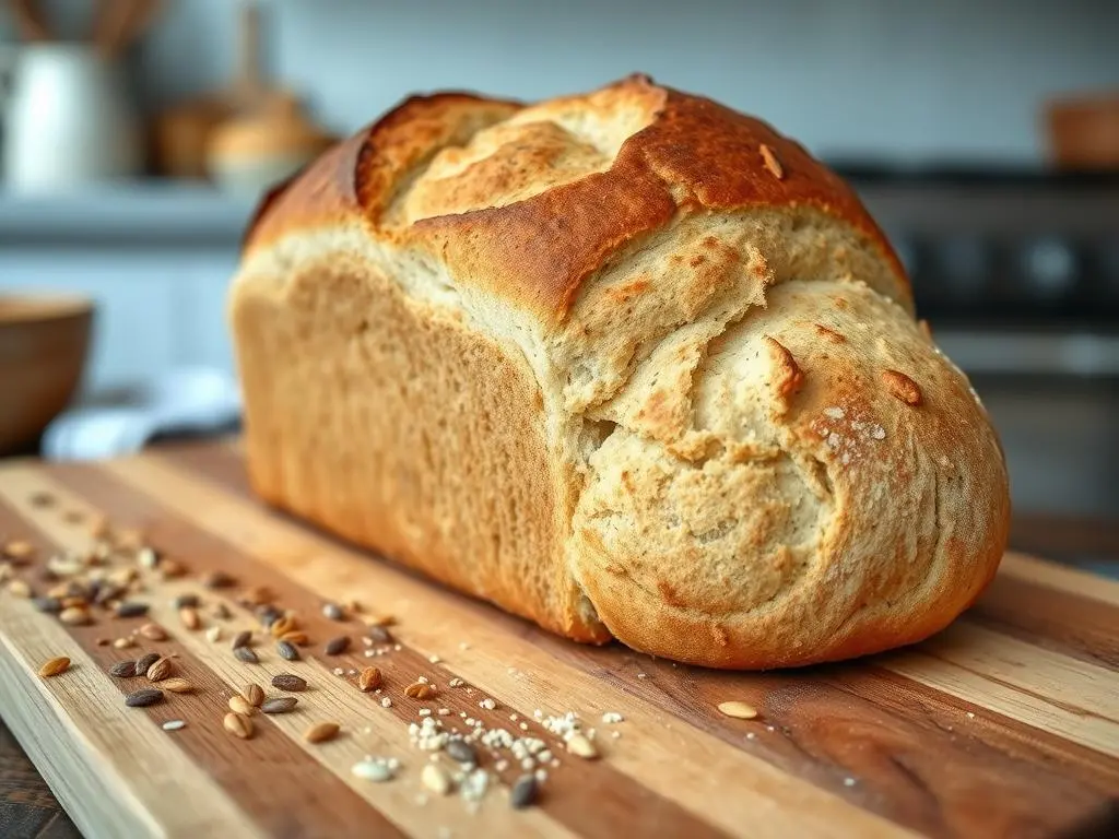 Homemade gluten-free sourdough bread with a golden crust, sliced and served on a wooden board.