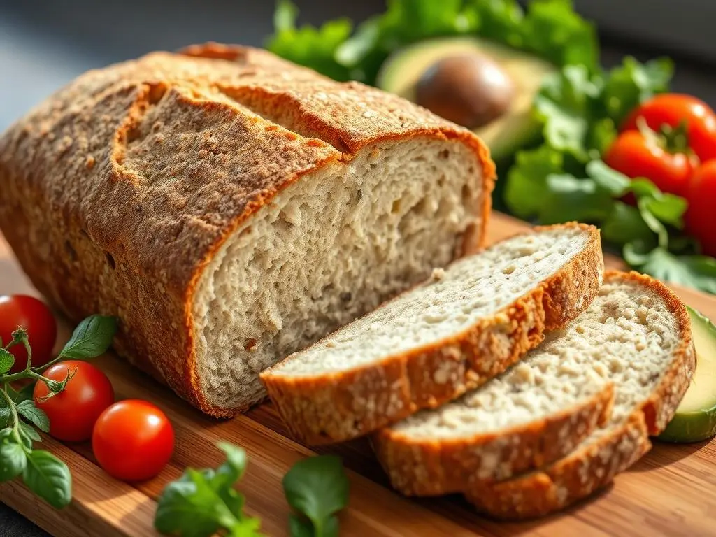 Freshly baked gluten-free sourdough loaf with a soft, airy texture and a crispy crust.