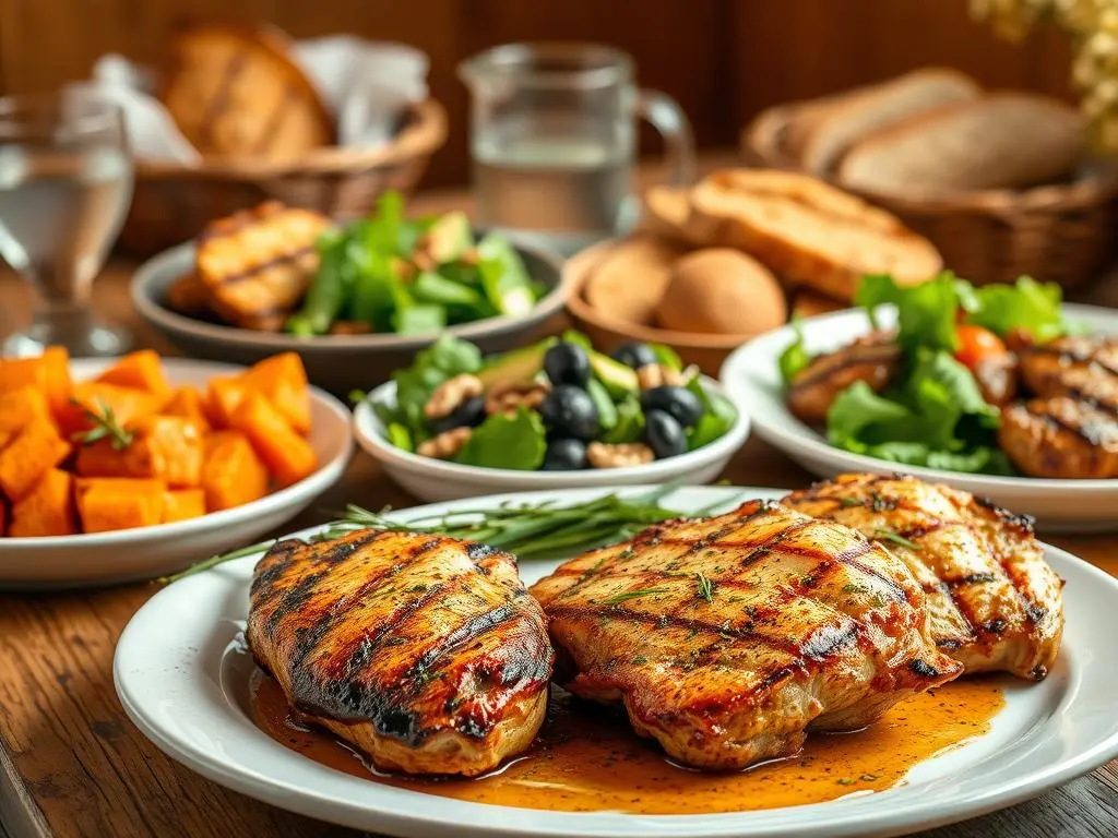 Grilled chicken breast with roasted vegetables and quinoa for a high-protein dinner.