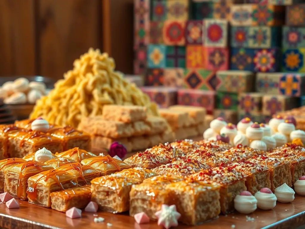 Assorted Middle Eastern desserts including baklava, maamoul, and kunafa, beautifully arranged on a platter.