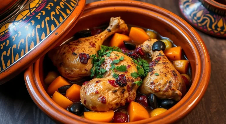 Traditional Moroccan chicken tagine with olives, preserved lemons, and aromatic spices in a clay pot.