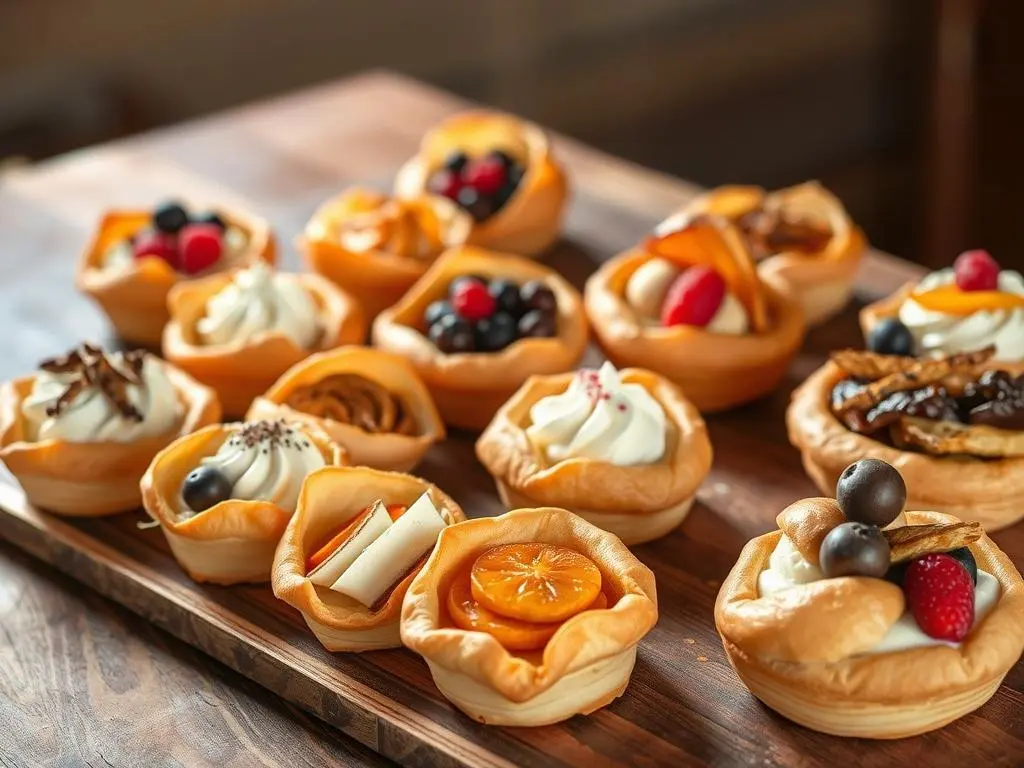 Delicious chocolate-filled puff pastry drizzled with caramel and dusted with powdered sugar.