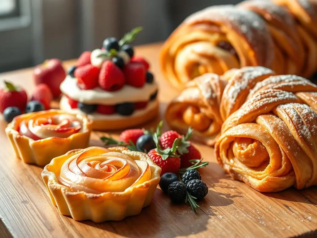 Elegant puff pastry tarts with fruit preserves and a crispy, buttery crust served on a rustic plate.