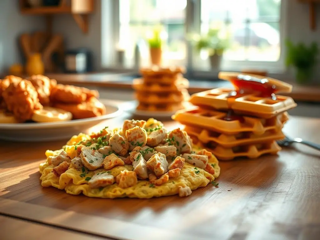 Savory chicken and cheese omelet served with a side of whole-grain toast and fresh greens.