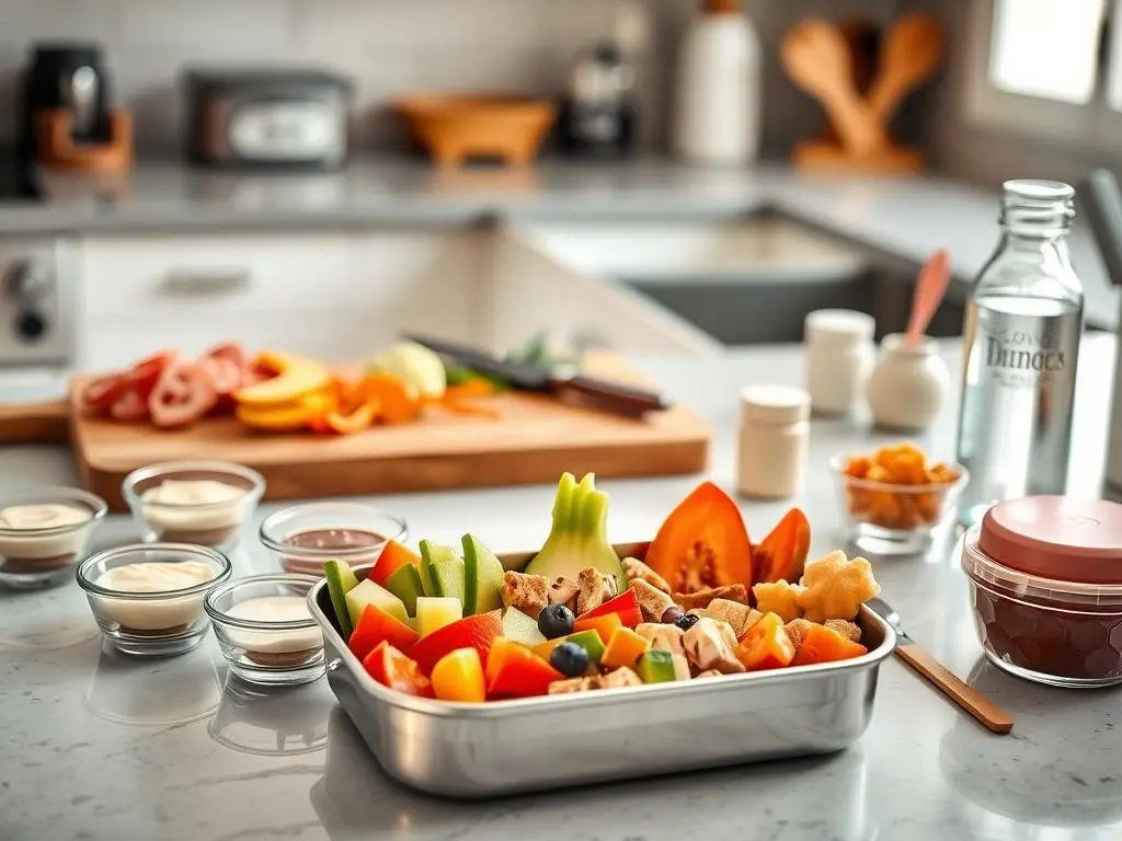 Easy toddler-friendly lunch with cheese cubes, whole-grain crackers, and fresh fruit served on a colorful plate.