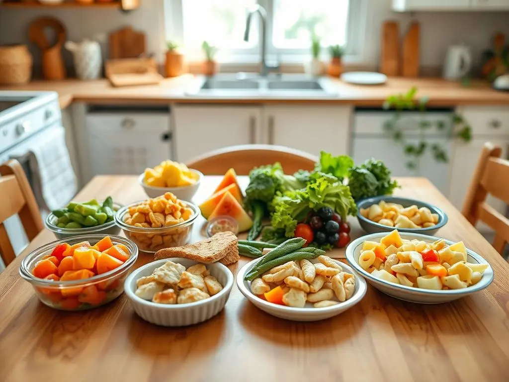 Healthy lunch ideas for a 1-year-old, featuring avocado toast, banana slices, and scrambled eggs.