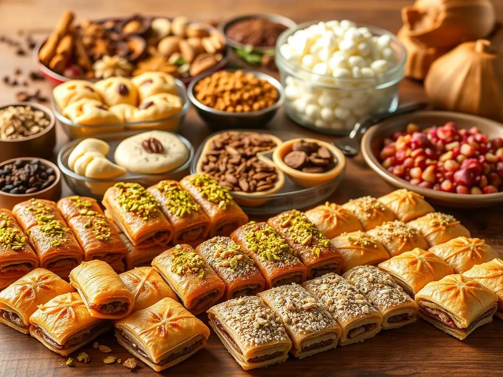 Golden, flaky baklava drizzled with honey and topped with crushed pistachios, served on a decorative plate.