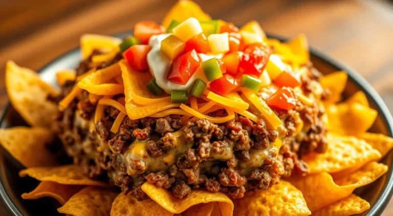 Delicious walking taco casserole topped with crunchy tortilla chips, melted cheese, and fresh toppings.