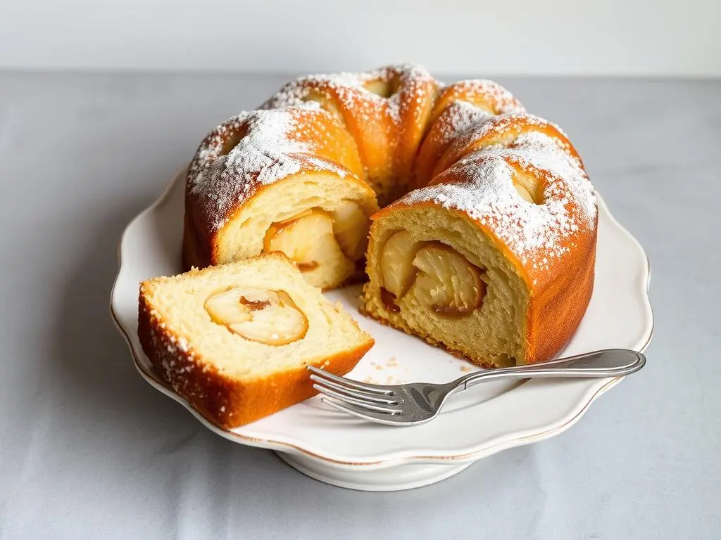 Moist and fluffy almond flour apple cake topped with cinnamon and sliced apples, served on a white plate.