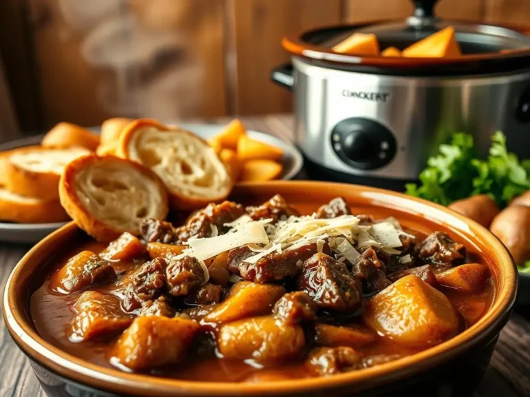 Delicious beef stew cooked in a slow cooker with onion soup mix, showcasing tender beef chunks, carrots, potatoes, and rich broth in a comforting dish.