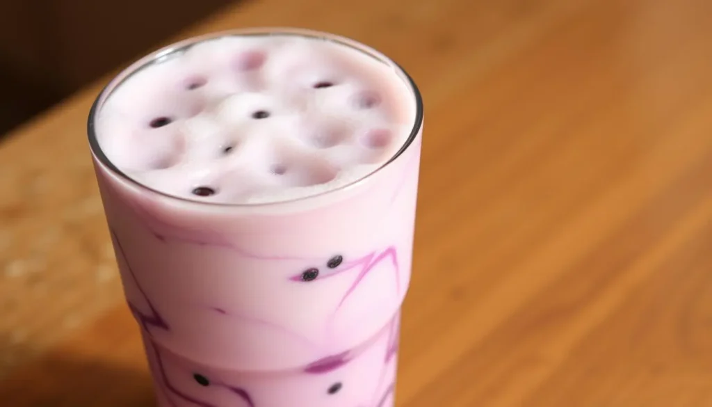 Vibrant purple taro milk tea with ice, topped with tapioca pearls, served in a clear cup.