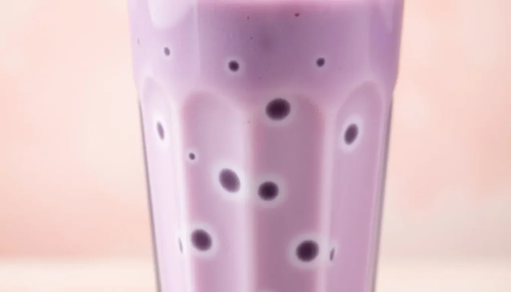 Homemade taro boba tea with a rich, smooth texture and a sprinkle of crushed taro on top.