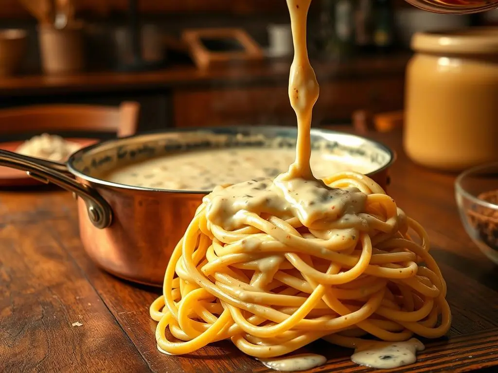 Creamy homemade Cajun Alfredo sauce in a skillet, rich with spices and Parmesan cheese.