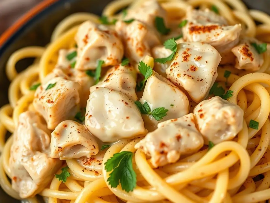 Creamy Cajun chicken Alfredo pasta with a spicy, flavorful sauce, served in a white bowl.