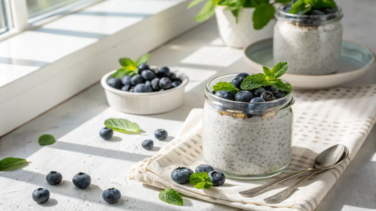 Coconut chia dessert in glass jar, gluten and dairy free